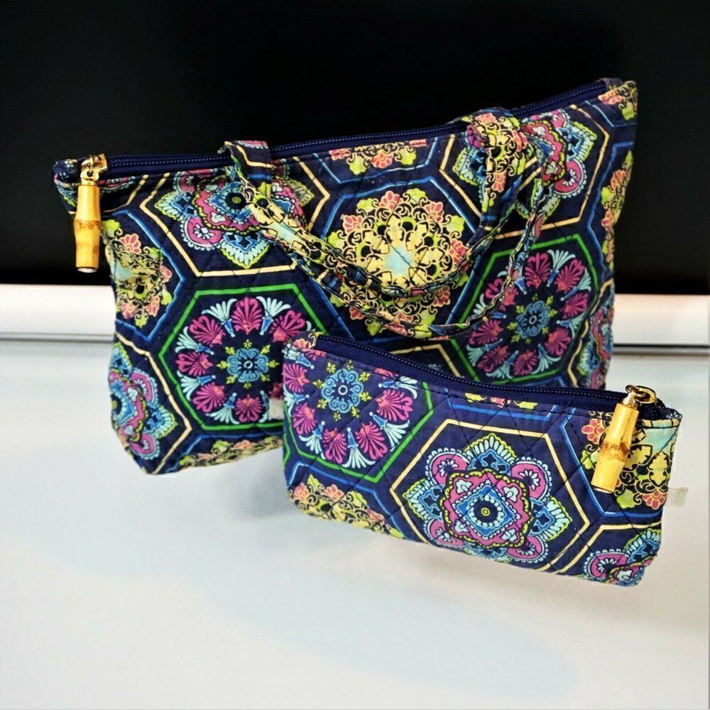 2 Cosmetic Makeup Bags Floral Quilted Medium And Small Faux Bamboo Zipper Pulls